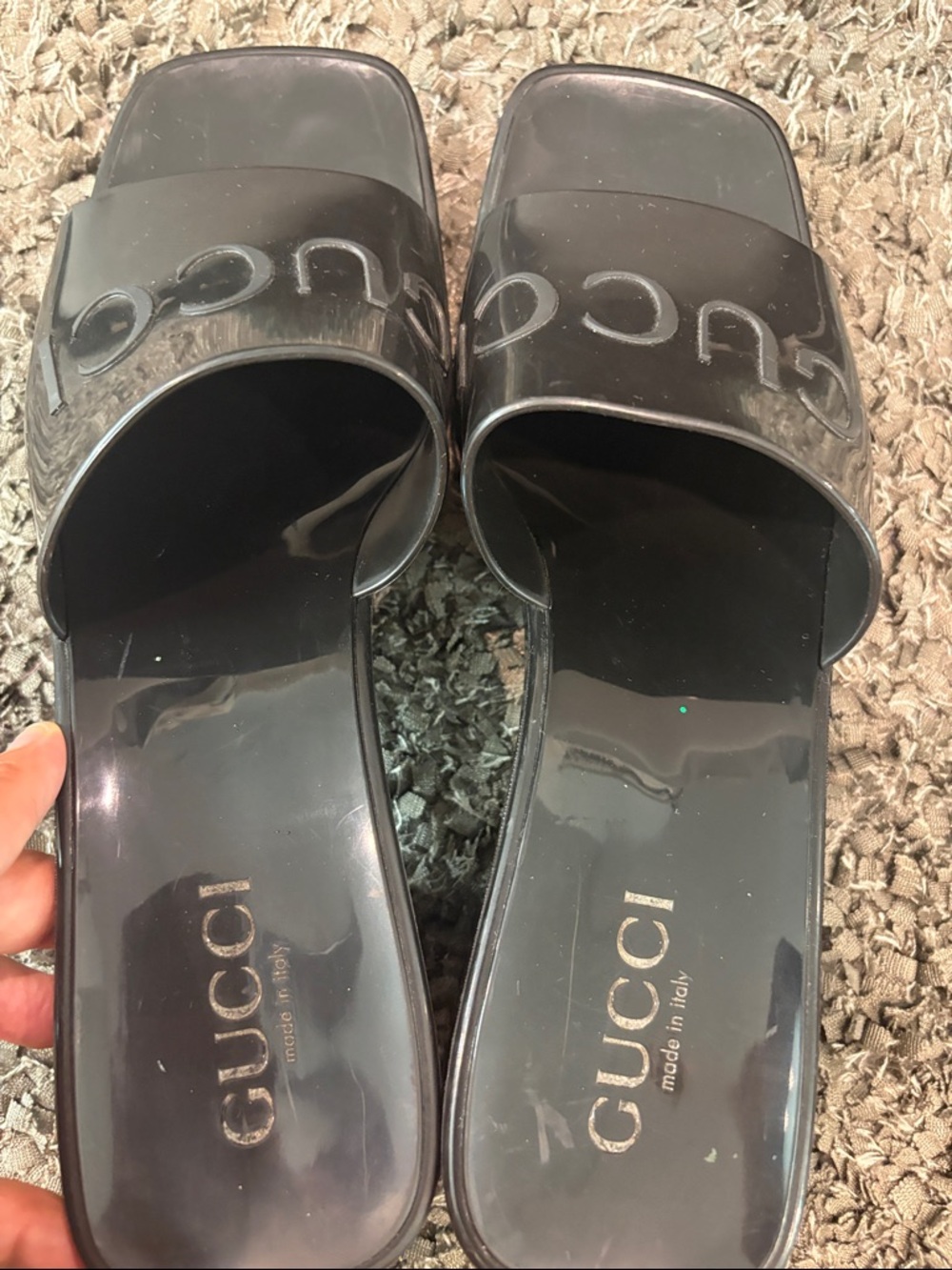 Gucci Black Patent Slide Mules with Embossed Logo - Picture 10 of 15
